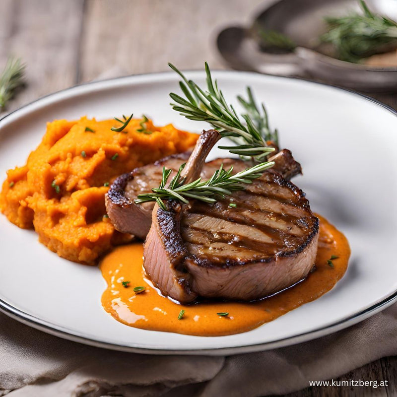 Hirschkoteletts mit Orangen-Rosmarinsoße mit Süßkartoffelpüree - kumitzbervg.com