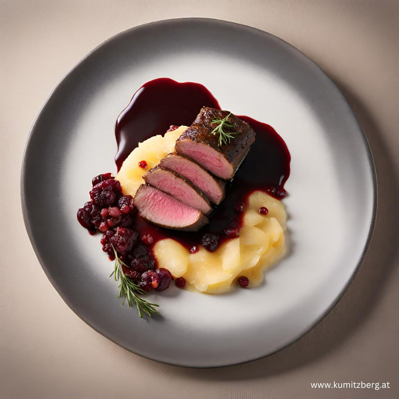 Hirschrücken mit Preiselbeerjus und Kartoffelgratin - kumitzbervg.com