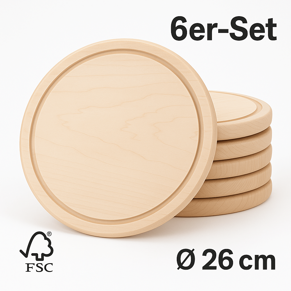 6er - Set Schneidebretter rund Ø 26 cm – FSC® Ahornholz mit Saftrille - kumitzbervg.com