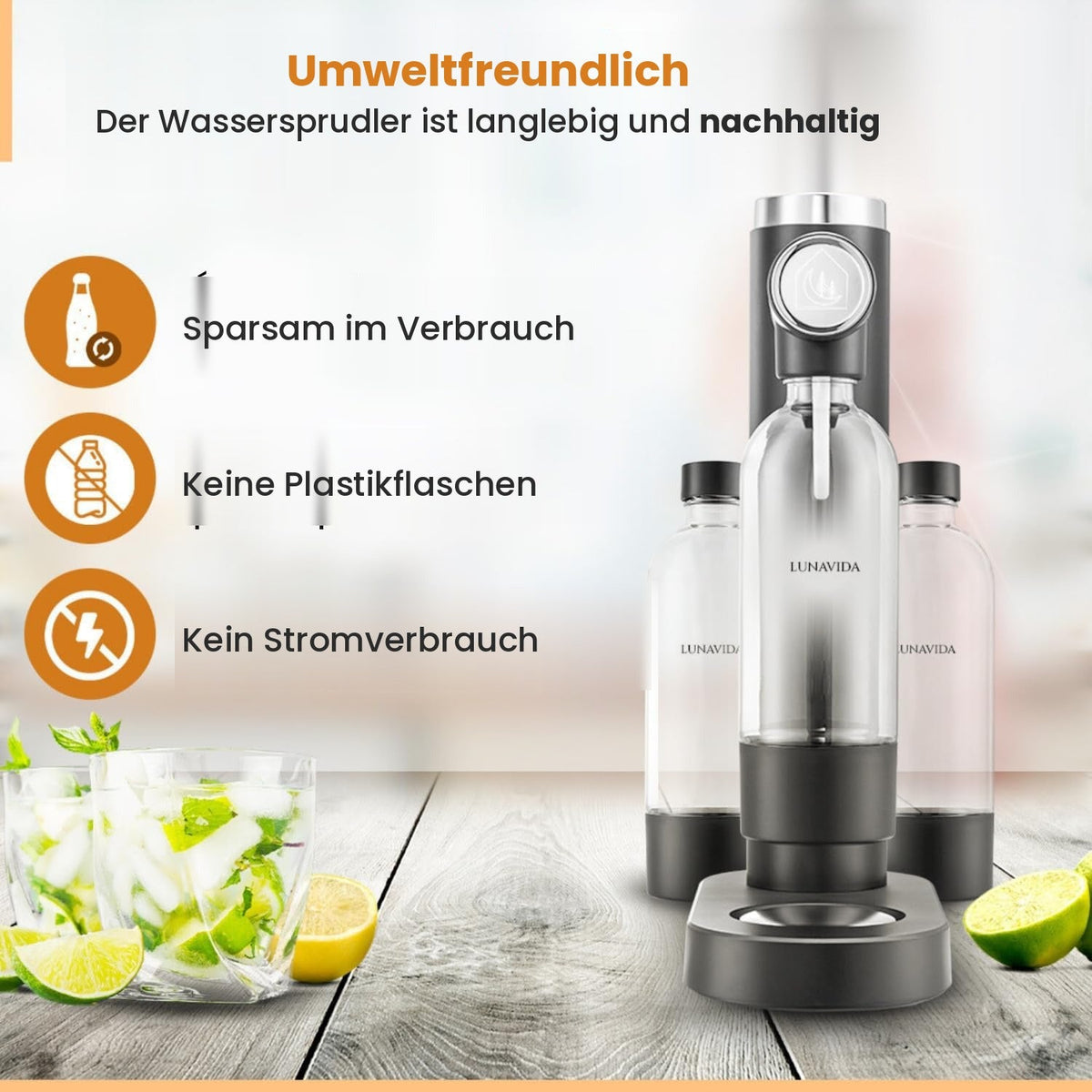 LunaVida Elara Wassersprudler – Sprudelwasser selbst gemacht, inkl. 1-L-Flasche (Schwarz) - kumitzbervg.com